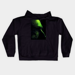 Portrait, digital collage and special processing. Man. Face, close up. Eye, forehead, nose. Dark shapes, like feather. Green. Kids Hoodie